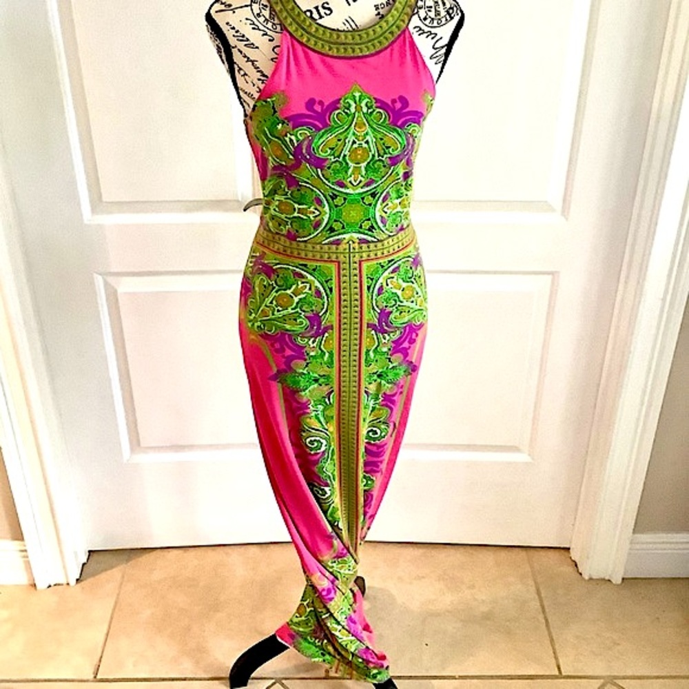 Hale Bob Elegant Slinky Maxi Dress Hot Pink & Green Cleopatra Collar No …